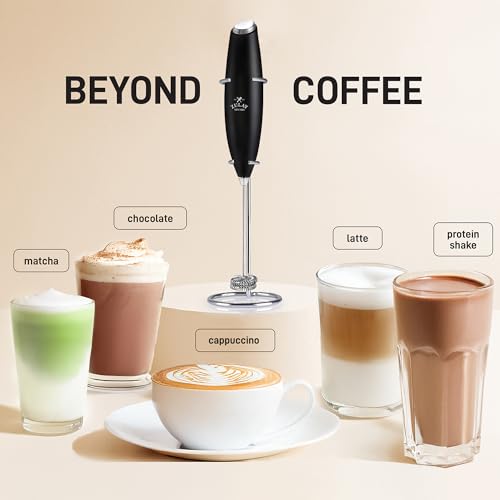 Image of Zulay Kitchen Powerful Milk Frother Wand With Duracell Batteries - Ultra Fast Handheld Drink Mixer - Electric Whisk Foam Maker for Coffee, Lattes, Cappuccino & Matcha - Double Whisk - Royal Black