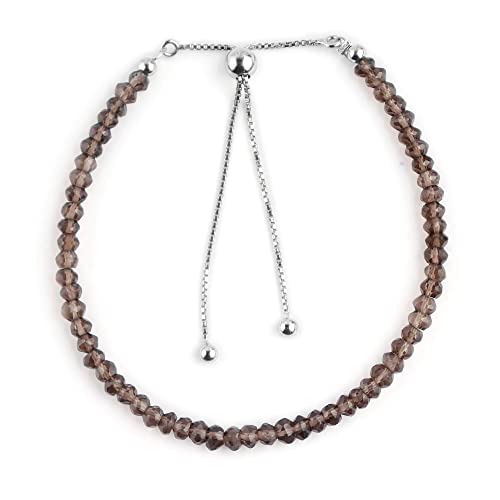 Aa Natural Smoky Quartz Gemstones Beads Bolo Bracelet Minimalist Jewelry Chakra Healing Crystals Rhodium Plated 925 Sterling Silver Adjustable Slider Chain 10Inch Christmas Day Gift #TOP1