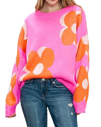 Image of Women's Long Sleeve Crewneck Floral Sweater Fall Casual Cute Oversized Knitted Pullover Jumper Top
