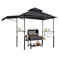 VEVOR Grill Gazebo, 8 x 5 ft Double-Tiered Top, Reinforced BBQ Gazebo with Extra Awning, Powder-Coated Steel Patio Grill Shelter with 2 Side Shelves & Hooks, Outdoor Grilling Canopy for Garden