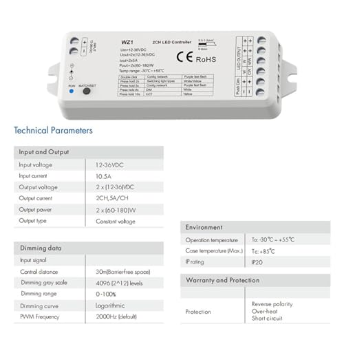 Dimmer LED WZ1 avec variation double canal 5A pour éclairage CCT fluide