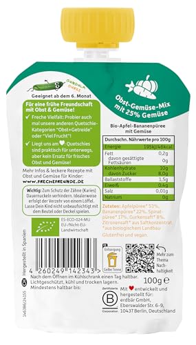 FRECHE FREUNDE Bio Quetschie Apfel, Banane, Spinat & Gurke, Fruchtmus mit Gemüse im Quetschbeutel für Babys ab dem 6. Monat, vegan, 6er Pack (6 x 100g)