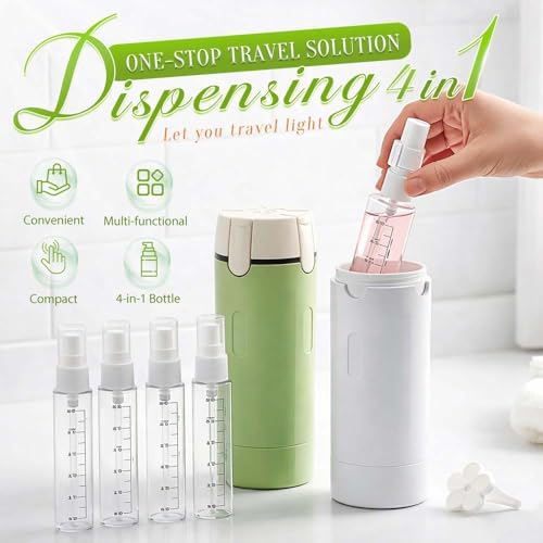 4 in 1 Travel Dispenser, 4 Pack 30ML Travel Bottles for Toiletries with Scale and Label, Leak Proof Travel Size Containers, Portable Containers for Shampoo Lotion Conditioner Cream (White+Green)