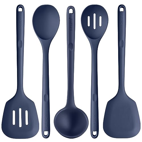 U-Taste Ustensiles de cuisine en silicone extra longs: spatules de cuisson résistantes à la chaleur de 315 ℃, cuillères de service pour mélanger friture remuer l'égouttage (5 pièces, Bleu Nuit)