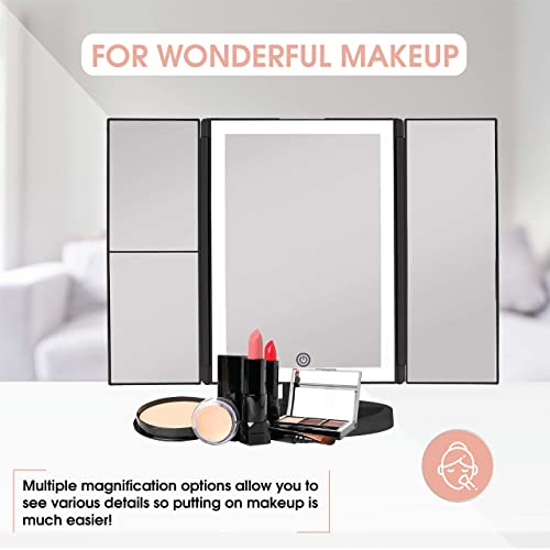 Beautyworks Backlit Makeup Vanity Mirror 36 Led Lights Touch-Screen Light Control, Tri-Fold 1/2/3X Magnification, Portable High-Definition Clarity Cosmetic Light Up Magnifying Mirror (Midnight Black) #TOP5