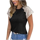 Womens T Shirts Fashion Shiny Sequins Tshirt Raglan Sleeves Tees Ladies O Neck Slim Tops Comfy...