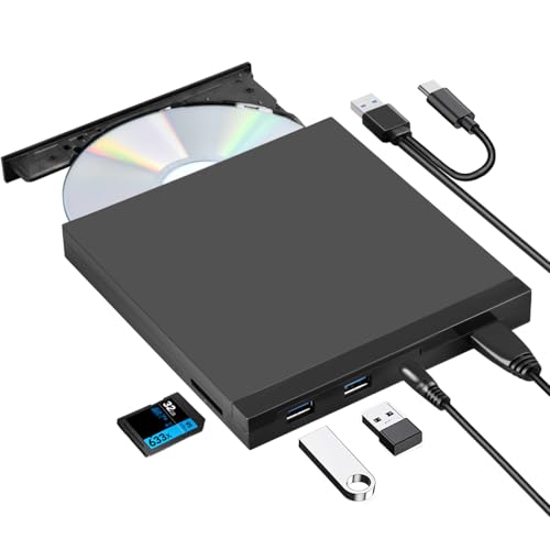 Image of ROOFULL 5 in 1 External CD DVD Drive with USB 3.0 Ports and SD Card Slot, USB-C CD Burner DVD Player Reader Writer for Laptop Desktop PC, Windows 11 /10 Laptop, Mac MacBook, Linux