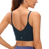 CRZ YOGA Adjustable Longline Sports Bra for Women - V Back Wireless Workout Padded Yoga Camisole Cropped Tank Tops True Navy Large