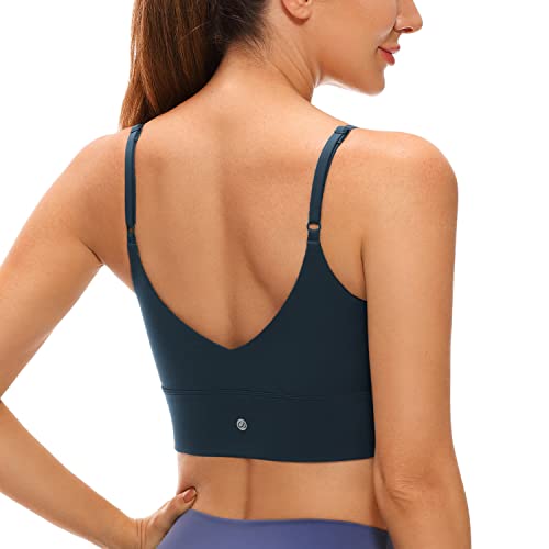 CRZ YOGA Women's V Back Longline Sports Bra with Adjustable Straps Wireless Workout Padded Yoga Bra Cropped Tank Tops True Navy M