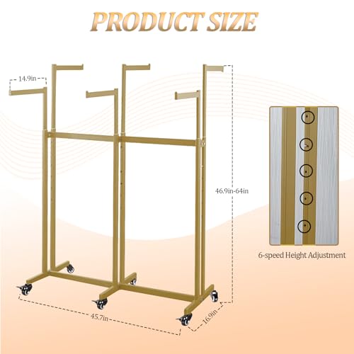 Clothes Rack 6 Arms Clothing Retail Racks, Height-adjustable Floor Standing Metal Garment Rack with Wheels, Heavy Duty Retail Display Racks, for Clothes Storage, Commercial Clothing Organize (Gold)