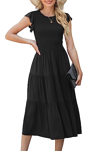 Grecerelle Women's Summer Square Neck Puff Sleeve Boho Midi Dress Swiss Dot Ruffle Flowy Tie Back Dress Black #TOP7