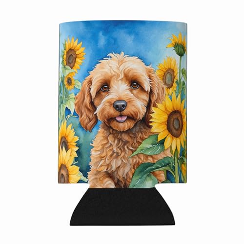 Caroline's Treasures Cockapoo in Sunflowers Can or Bottle Hugger Cooler Washable Drink Sleeve Collapsible Beverage Insulated Holder, Can Hugger, Multicolor