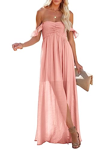 Happy Sailed Wedding Guest Dresses For Women Off The Shoulder Maxi Dress Summer Smocked Party Cocktail Dresses Fashion 2023 Pink Large #TOP18