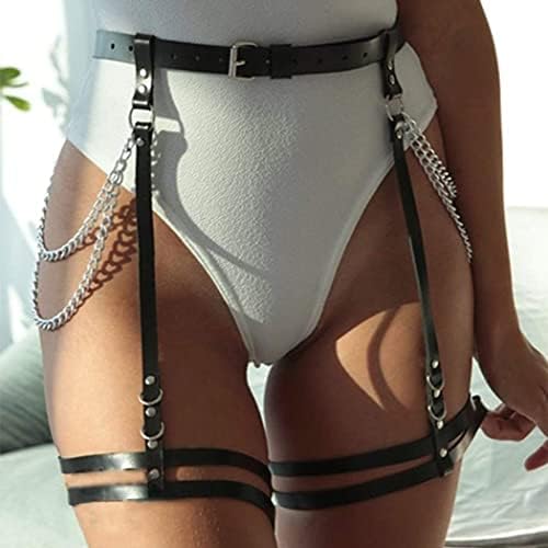 Bodiy Punk Leg Chain Black Leather Waist Chain Belt Rave Leg Garter Belts Waist Straps Body Chain Jewelry for Women and Girls