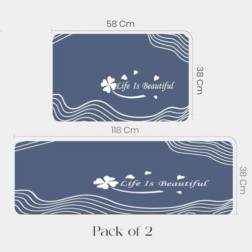 Image of Kitchen Anti Slip Mat for Floor, Waterproof Washable Kitchen Mats, Non Slip Kitchen Floor Mats for Home, Soft Mats for Kitchen, Kitchen Mats for Floor Anti Slip (Blue- Life is Beautiful)