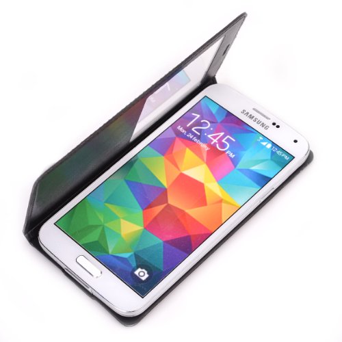 Kroo Slim Folio Flip Case For Samsung Galaxy S5 With Window - Non-Retail Packaging - Black #TOP4