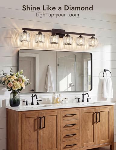 Image of VOLISUN Crystal Vanity Lights for Bathroom, 6 Light Bathroom Vanity Light, Modern Matte Black Bathrooms Light Over Mirror, Black Bathrooms Lights Fixtures-UL Certificated(Exclude Bulb)