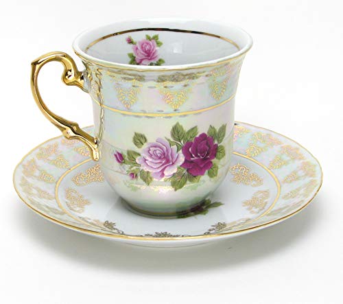 Euro Porcelain 17-Pc Vintage Pink & Red Roses Tea Cup Coffee Set, White Pearlescent Floral Pattern 24K Gold Plated, Complete Service For 6 - Original Czech Tableware #TOP1