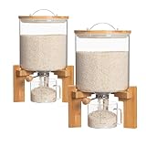 HBlife 8-10 Lbs Glass Rice Dispenser with Wooden Stand Flour and Cereal Container with Glass Measuring Cup Pantry Food Organization Storage Bin with Airtight Bamboo Lid, 5L (2 Pack)