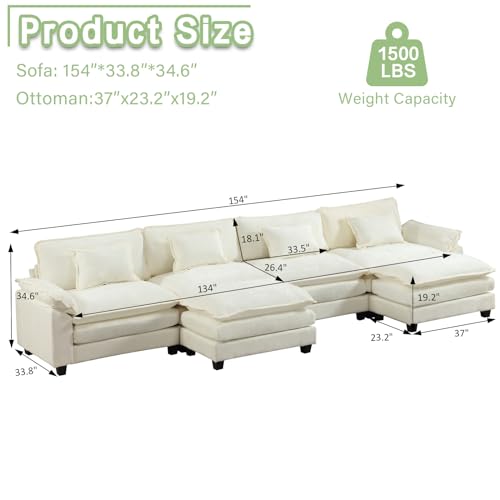 VUYUYU U Shaped Couch Sectional Sofa Comfy Cloud Couch for Living Room with Pillows, Modern Chenille Sofa Sleeper Deep Couches with Ottomans (Cream White, 6-Seat)