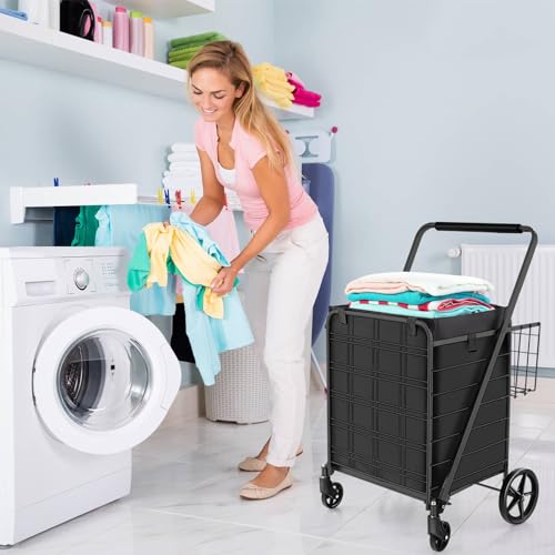 Robuster faltbarer Einkaufswagen mit Rädern, extra Korb und Schaumstoffgriff, Mehrzweck-Schiebe-/Ziehwagen für Wäsche, Supermarkt, Reisen