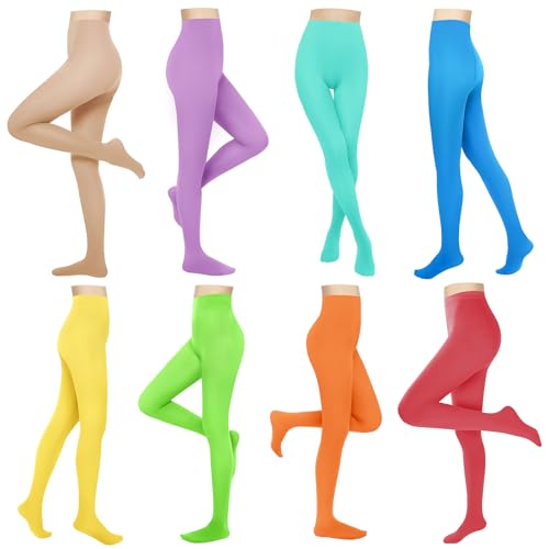 Image of 8 Pairs Solid Color Opaque Tights Set 8 Colorful Women's 80 Denier High Waist Footed Colored Pantyhose Legging Stocking