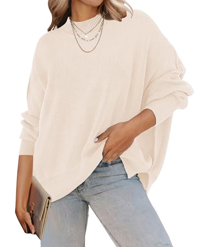 ZESICA Womens Fall 2025 Casual Long Sleeve Crew Neck Side Slit Oversized Ribbed Knit Pullover Sweater Tops Beige Small