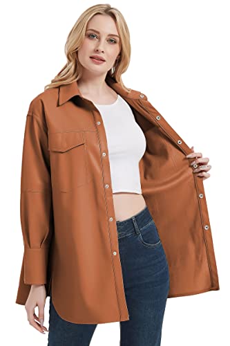 RISISSIDA Jaqueta feminina de couro sintético Shacket blusas moda primavera e outono, camisas soltas