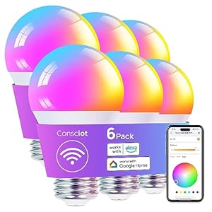 Consciot Smart Light Bulbs, LED Light Bulb That Works with Alexa & Google Home, Music Sync, RGBTW Color Changing Light Bulb, A19 E26 2.4Ghz WiFi Light Bulbs 60 watt Equivalent, 800lm Dimmable, 6 Pack