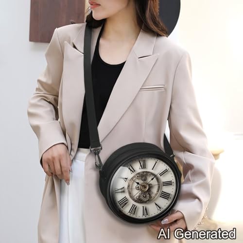 Image of Women Novelty Round Clock Shape Zippered Clock Purses for Women Tote Handbag Shoulder Bag, Gift for Mom Girlfriend