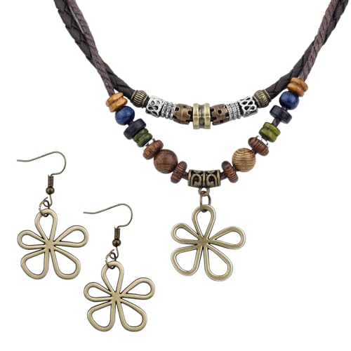Mikovivi Mehrlagige Halskette Holzperlen mit Hohlen Blumenohrringen, Hippie Boho Halskette Unisex Böhmischer Schmuck für Männer und Frauen