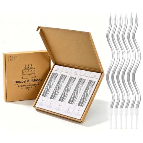 BEAN LIEVE 30-Count Spiral Birthday Candles - Elegant Twisted Design with Holders, Long-Lasting Burn for Birthdays, Weddings, Cupcakes & Family Celebrations (Silver)