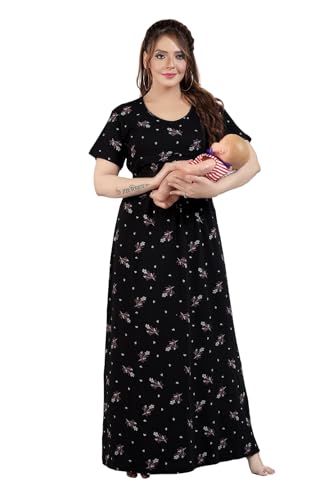 Image of Fabme Women's Full Length Printed Pre and Post Pregnancy Pure Cotton Nursing Nightdress Nighty
