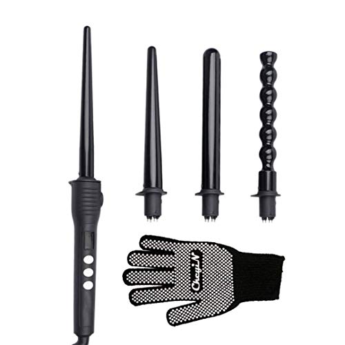 Ckeyin 4 in 1 Multifunction Interchangeable Hair Curler Kit Ceramic Tourmaline Spiral Hair Styling Tapered Curling Iron Wand Digital LCD Display Temperature Control