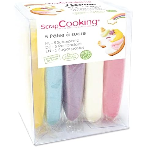 SCRAP COOKING - Set mit 5 Zuckerpasten Einhorn - Gelb, Pastellblau, Parma, Weiß, Rosa - 5 x 80 g - für Kuchen, Kekse, Deko, Gebäck - Glutenfrei & ohne Palmöl - 7254 Cover