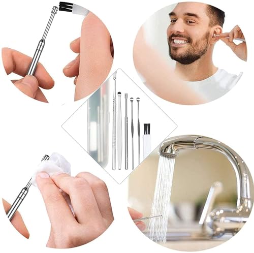 Image of 6 in 1 Ear Wax Cleaner Kedar's Resuable Ear Wax Cleaner Reusable Removal Kit Steel Ear Cleansing Tool Set Spiral Ear Curette Tool with Cleaning Brush For Kids Man & Woman (STEEL) (SILVER)