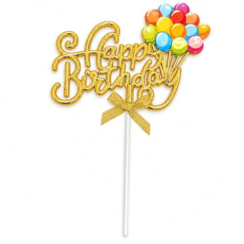 Image of Wanna Party Happy Birthday Cake Topper, Gold Script Balloon Design with Bow, Multicolor Birthday Cake Decoration Pick for Kids, Adults, Party Cakes & Dessert Table - 1PC