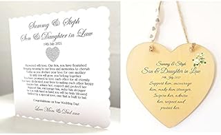 Personalised Son and Daughter In Law Wedding Poem Card and Heart Plaque Gift. Bride, Groom, Newlyweds. Personalised details required.