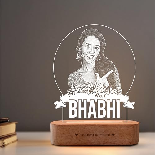Image of ZOCI VOCI Personalized Rakhi Gift for Bhabhi, Custom UV Printed LED Photo Lamp, Warm White Acrylic Night Lamp with Wooden Base, Customized Photo Gift for Sister-in-Law, Rakshabandhan Gift