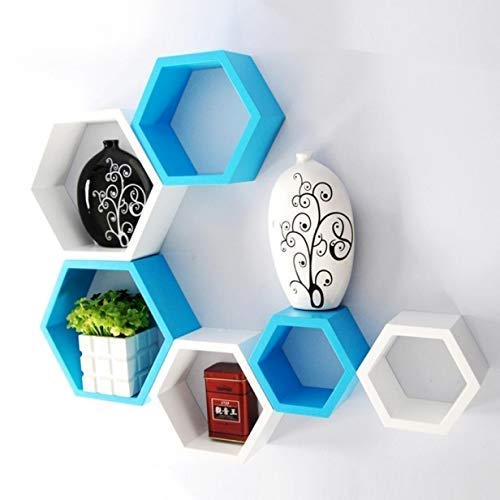 BAS Brown Art Shoppee Decorative Display with Hexagon Shape Floating Engineered Wood Wall Shelves and Racks (Blue and White, Painted Finish) - Set of 6 (B08VWZK97V) Amazon Price History, Amazon Price Tracker