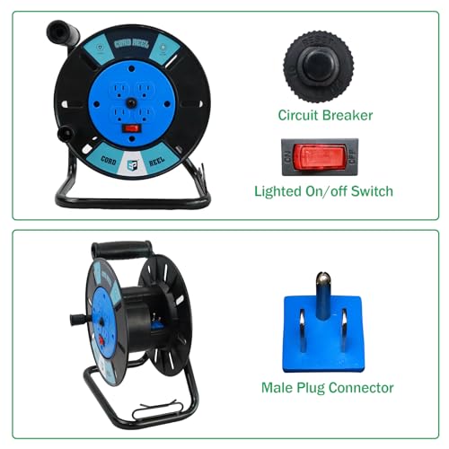 EP Extension Cord Storage Reel with 4-Grounded Outlets, Heavy Duty Open Cord Reel for 12/3 14/3 16/3 Power Cords, Portable Empty Hand Crank Electric Cord Roller Holder, Blue - Thumbnail 6