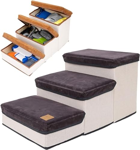 Yubbuio犬用 収納型3段ペットステップ 耐荷重30KG 足腰負担軽減 怪我防止 小型犬老犬介護用 滑り止め 洗える取り外し可能カバー 介護用品 (グレー)