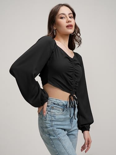 Image of Tokyo Talkies Women's Puff Long Sleeves Front Pull-Up Tie-Up Crop Top | Trendy & Flattering | Perfect for Casual & Party Looks | Tops for Woman | Women Tops | Stylish Top
