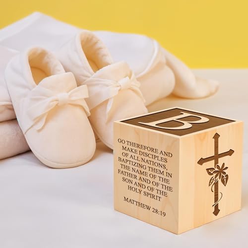 Personalized Baby Baptism Wood Block - Customized Laser Engraved Gifts for Boys & Girls, Catholic Bible Name Engraved Wooden Blocks Handcrafted in the USA