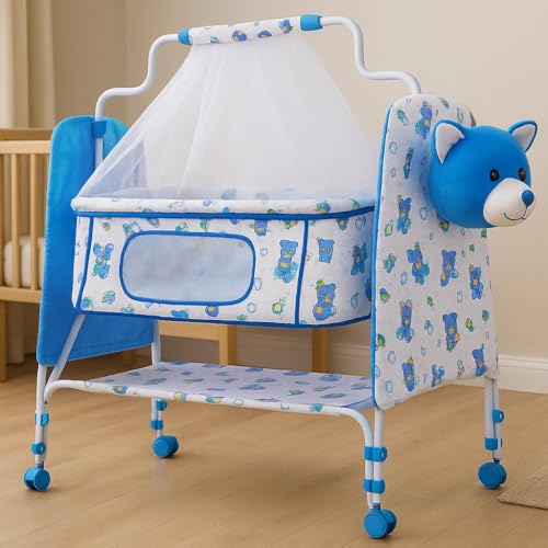 Image of PANDAORIGINALS Jumbo Baby Cradle|Soft Cushion Baby Jhula /Paalna Cute cot with Mosquito Net for 0-9 Months Boys and Girls Super Strong Soft Cushion and Swing Lock Function (Panda Blue)