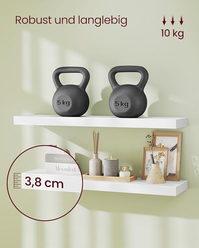 VASAGLE Wandregal, Schweberegal, Regalbrett, 20 x 80 x 3,8 cm, Wandboard für Bilderrahmen, Deko, Regal für Wohnzimmer, Arbeitszimmer, Küche, schneeweiß LWS028WE01