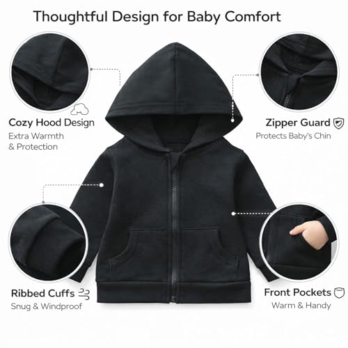 Image of ROMPERINBOX Unisex Solid Baby Sweatshirts Hoodies, Lightweight Full Zip-up Jackets Coat 0-24 Months