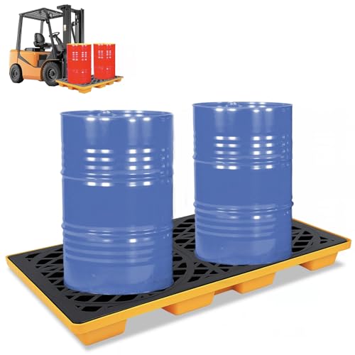 2 Drum Spill Containment Platform, 48"x24"x4" Stackable Leakproof Tray, with Drain Outlet and Forklift Pockets, 2000lbs Load Capacity Leak-Proof Workbench for Garage, Basement and Industrial Storage