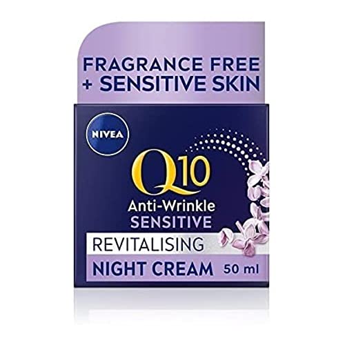 NIVEA Q10 Crema de Noche Sensible al Poder (50ml), Crema de Noche para Mujeres, Crema de Noche NIVEA Q10 Sin Fragancia, Coenzima Q10 y Extracto de Regaliz, Regenera la Piel durante la Noche