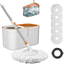 Floor Spin Mop and Bucket Set with Wringer System Extended Stainless Steel Handle 61"for Home Floor Cleaning Use with 5 Replacement Head Refill and 1 Cleaning Brush Head
